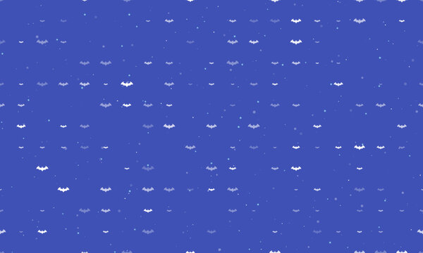 Seamless background pattern of evenly spaced white bat symbols of different sizes and opacity. Vector illustration on indigo background with stars