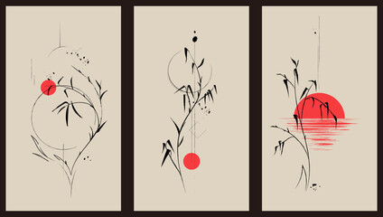 Set of three vintage illustrations in Japanese style. Minimalist abstract posters for interior design, covers, brochures with sun, lines, shapes, colors. Vector backgrounds with ink texture. © Nataly
