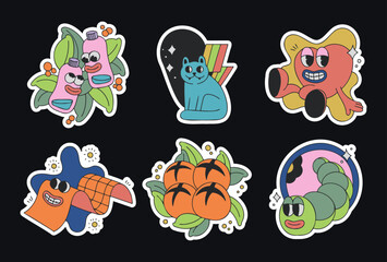 Fototapeta premium Set of various patches, pins, stamps or stickers. Abstract funny cute comic characters. Various monsters. Hand drawn fashion vector illustration. Cartoon style. All elements are isolated.