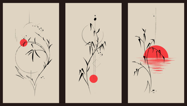 Set of three vintage illustrations in Japanese style. Minimalist abstract posters for interior design, covers, brochures with sun, lines, shapes, colors. Vector backgrounds with ink texture.