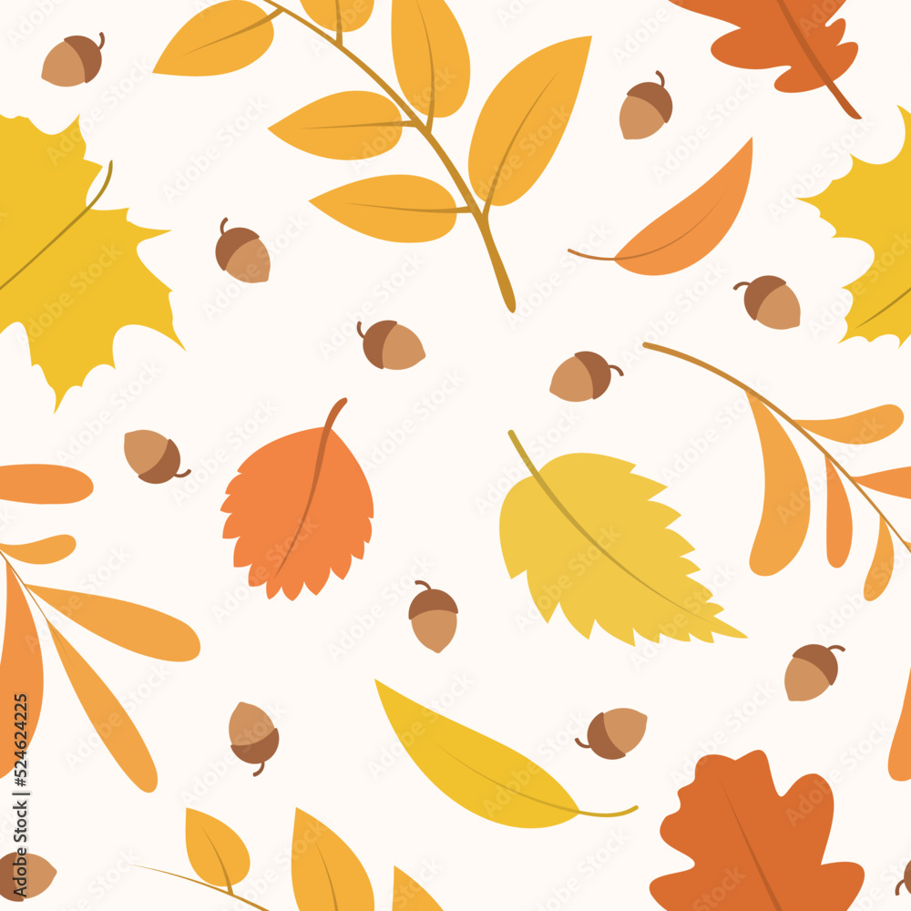 Poster autumn seamless pattern with leaves and acorns. vector autumn background