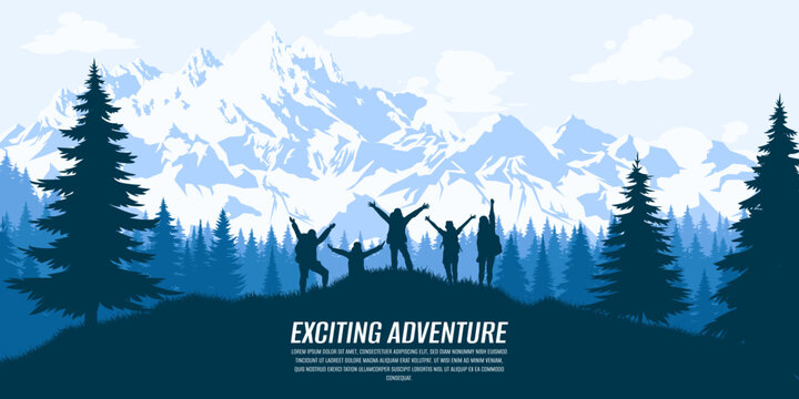 Silhouette of people in a team in the mountains. Travel concept of exploring and observing nature. Hiking. Climbing. Adventure tourism. Flat design for social media, poster, banner. Landscape. 