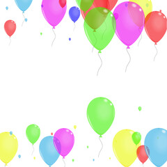 Colorful Baloon Background White Vector. Toy Falling Border. Bright Celebrate. Green Helium. Surprise Ribbon Banner.