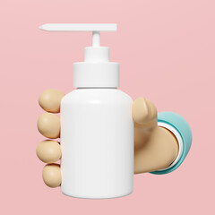 3d cosmetic lotion, foam, liquid Soap bottle, hand holding gel pump style isolated on pink background. hand sanitizer container, mock up template concept, 3d render illustration, clipping path