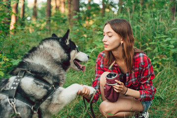 teenage girl playing and having fun with her siberian husky dog. Girl with dog in the forest