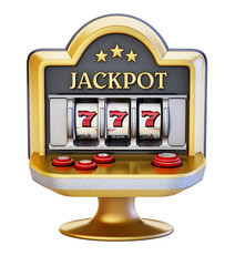 Slot machine with three seven symbols and jackpot text. 3D illustration