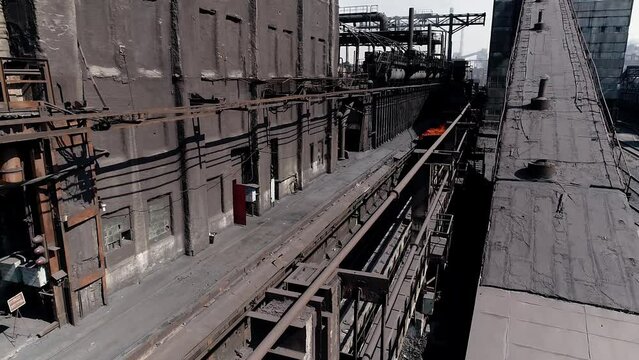 Cooling of coke oven coal after the coking process close up. Coke oven coal production. Metallurgical enterprise