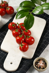 Fresh red tomatoes on branches on marble board on black checkered kitchen towel, grey background