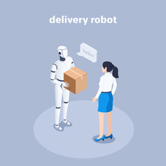 isometric vector illustration on a gray background, a robot with a box stands in front of a woman, a delivery robot or a worker of the future