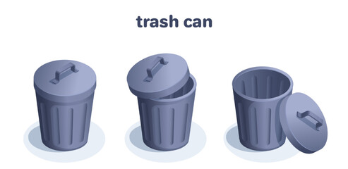 isometric vector illustration isolated on white background, metal trash can icon with lid