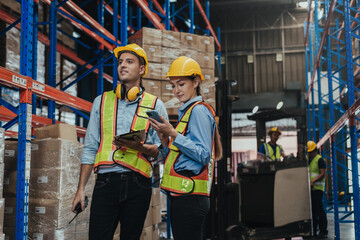 Warehouse Workers Checking Stock with digital Tablet in Logistic center. Caucasian worker wearing hard hat and safety vests to talking about shipment in storehouse, Working in Distribution Center.