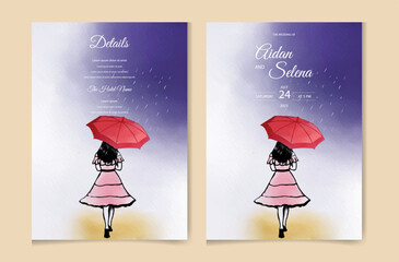 beautiful girl in rain watercolor wedding invitation design, wedding invitation template