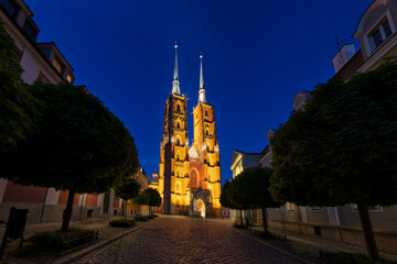 Ostrow Tumski in Wrocław - night view of the Cathedral of St. John the Baptist.