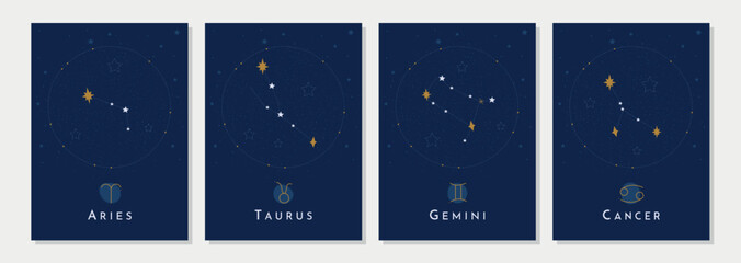 Collection of creative mystical moon cards with with constellations and signs of the zodiac