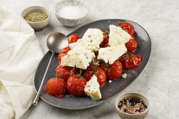 Roasted red tomatoes on branches with seasoned feta cheese on oval blue plate on grey background