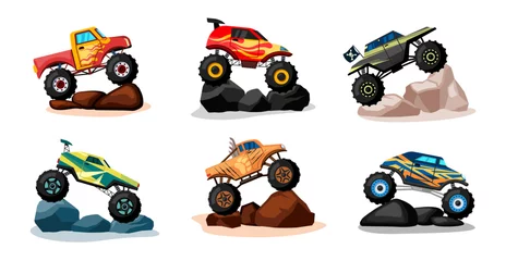 Glasbilder Autorennen monster trucks. big wheels heavy sport agressive extreme cars. Vector cartoon trucks illustrations