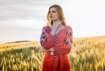 young beautiful woman wearing ukrainian traditional embroidered dress in wheat field during sunset. Stand with Ukraine