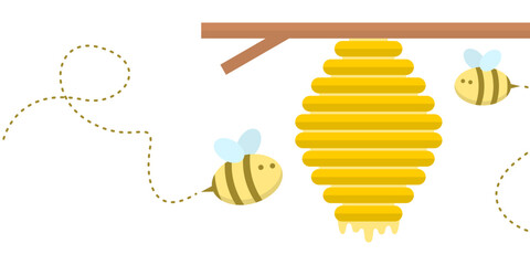 Cute honeycomb with dripping sweet honey on brown branch tree and fat bee frying path cartoon character banner flat vector icon design.