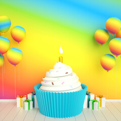 Rainbow golden happy birthday cake invitation card banner background with balloons, candle and giftbox