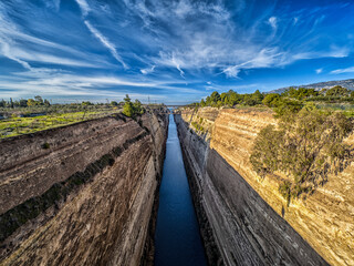 Corinth Canal seen from the Old Bridge - obrazy, fototapety, plakaty