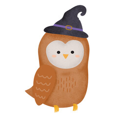 Watercolour Cute Halloween Owl, Witch owl, hand painted watercolor illustration, isolated on white, orange