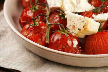 Roasted red tomatoes on branches with seasoned feta cheese on round off-white plate on kitchen...