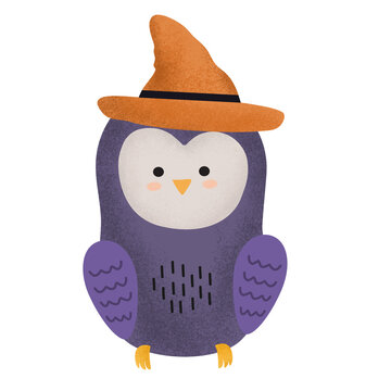 Watercolour Cute Halloween Owl, Witch owl, hand painted watercolor illustration, isolated on white, violet