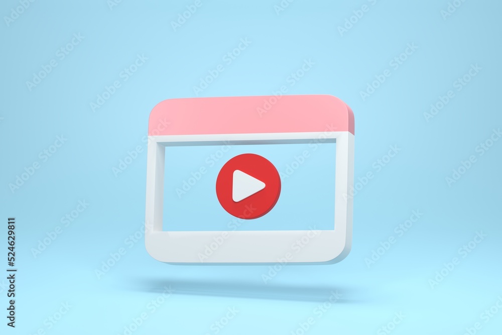Poster 3d render 3d illustration. minimal style video player media with play button on blue background. vid