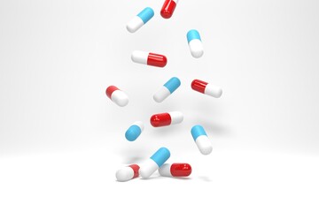 3D illustration, 3D rendering. Antibiotic pill capsules falling on white background. Healthcare and medical concept