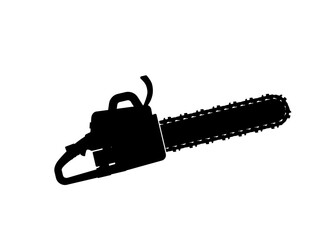 Chainsaw vector silhouette black color isolated. Chainsaw symbol. Lumberjack sign.