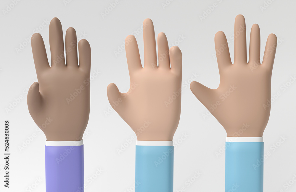 Aufkleber hands set in cartoon style. hand shows different gestures isolated on white background. 3d rendering