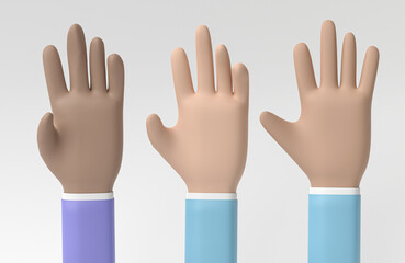 Hands set in cartoon style. Hand shows different gestures isolated on white background. 3D rendering, 3D illustration.