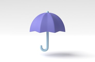 Purple umbrella isolated on white background. Cartoon minimal style. 3D render, 3D illustration.