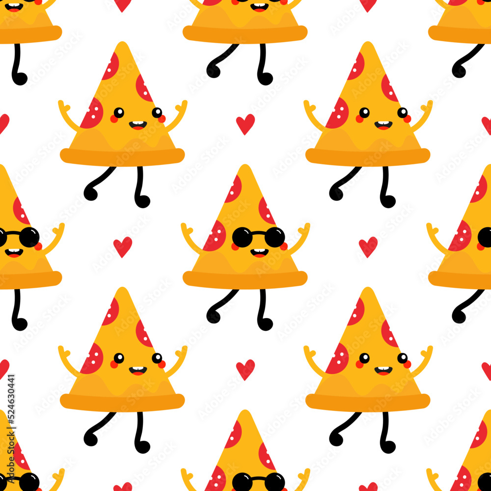 Wall mural cute cartoon style pizza slice characters and red hearts vector seamless pattern background for fast