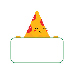 Cute cartoon style pizza slice character holding in hands blank card, banner.
