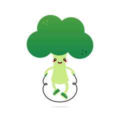 Cute cartoon style broccoli character doing jumping rope workout, exercises. Vector icon, illustration.
