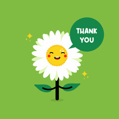 Cute cartoon style camomile, daisy flower character with speech bubble saying thank you, grateful.
