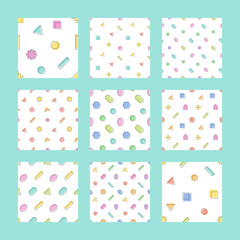 Fototapeta na wymiar Set, collection of nine vector seamless pattern backgrounds with abstract geometric shapes for 80s or 90s design. Memphis style pattern set.