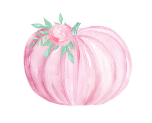 Watercolor cute pink pumpkin with floral decor isolated on white