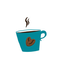 Illustration Tasse de café chaud fumant, tasse bleue, fond transparent