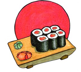 Rolls with tuna, salmon, red fish. Sushi on a wooden plate on a red sun background. Hand drawing with alcohol markers.