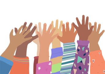 Rentrée des classe groupe d'enfant mains levées