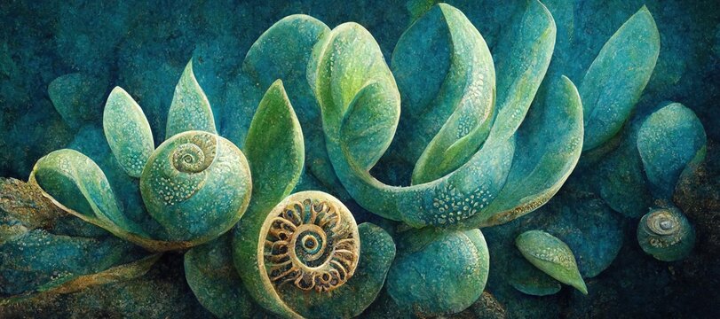 Ammonite shaped succulents in serene Jade green and tranquil turquoise blue - fascinating swirls and fractal curves surreal plant flowers. Sophisticated unusual spring color decorative art.