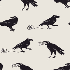 Set of black Raven or Crow birds. Different poses. Cartoon style, flat design. Halloween, horror concept. Hand drawn trendy Vector illustration. Square seamless Pattern. Background, wallpaper