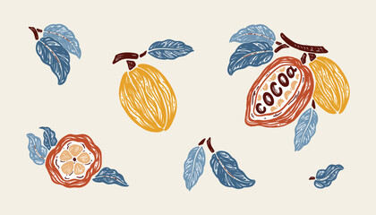 Vector Cocoa Beans and Leaves Colorful Set. Cacao Pods. Raw Fruits. Great for Packaging design of cocoa powder or chocolate. Hand drawn illustration. 