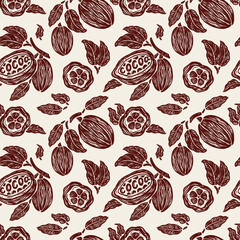 Cacao Pods. Cocoa Beans and Leaves Floral Seamless Pattern. Fruits Vector Brown Background. Great for Packaging design of cocoa powder or chocolate