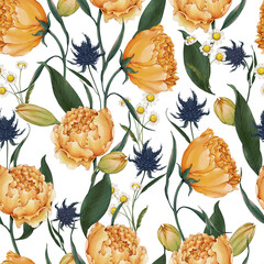 seamless pattern of orange tulip flowers