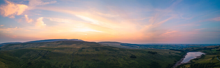 Sunset over Cray Reservoir from a drone, Brecon Beacons, Wales, England