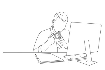 Drawing of young businessman freelancer working at late night eating hot instant noodle. Line art style