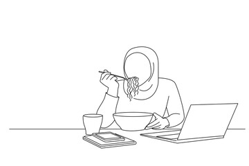 Drawing of muslim woman eating instant noodles after work overtime at office. One line art